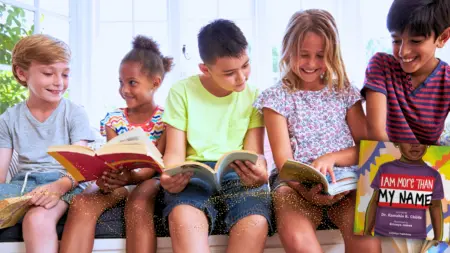 Five multiethnic Pre K 5 students sharing personalized literacy learning Key Elements to Literacy Learning Kids Read Now