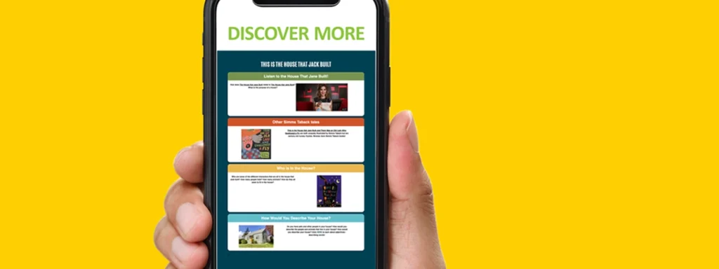 a hand holds a cell phone displaying the Discover More section of the Kids Read Now app.